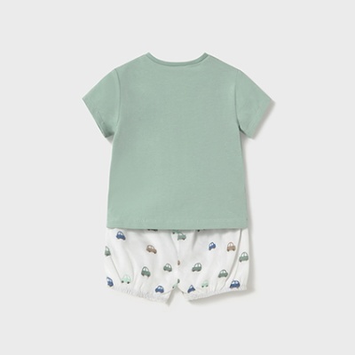 Conjunto roupa infantil t-shirt verde água e calções brancos com carros