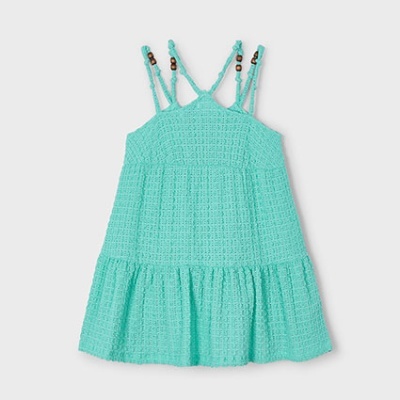 Vestido azul turquesa com textura, alças duplas com contas e babado
