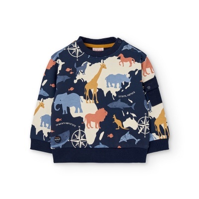 Camisola de criança azul com estampado de animais e bússolas