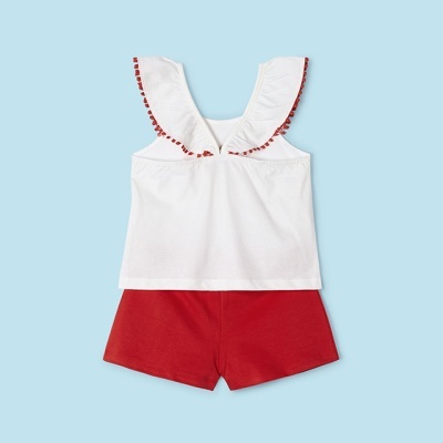 Conjunto de roupa infantil, top branco com folhos e calções vermelhos