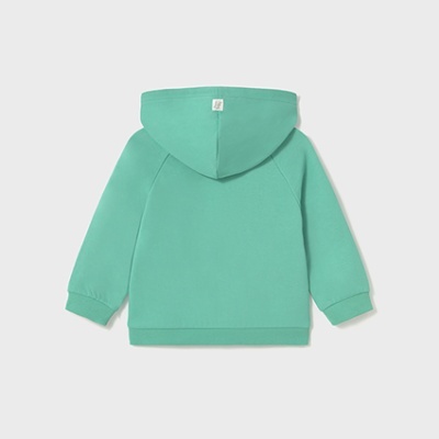 Casaco de criança verde água com capuz visto por trás