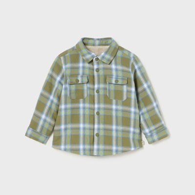 Camisa criança manga comprida xadrez verde azul branco com bolsos e botões