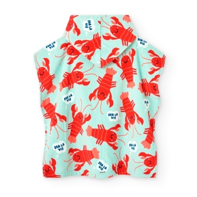 Capa de banho infantil azul claro com lagostas vermelhas e texto SEA LA VIE