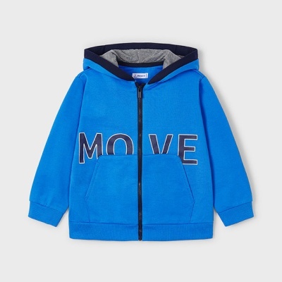 Casaco de criança azul com capuz e texto MOVE na frente