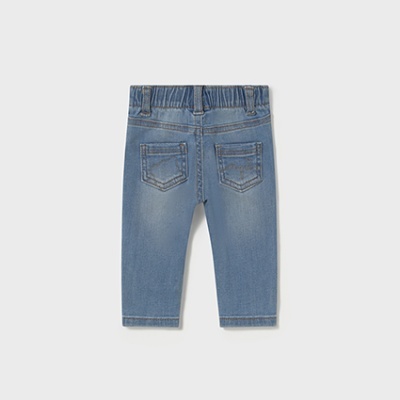 Calças de ganga azuis para criança com cós elástico e dois bolsos traseiros