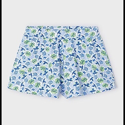 Calções com padrão de pinhas em azul e verde