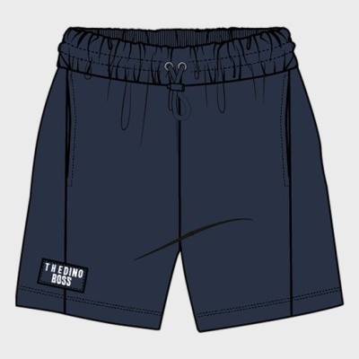 Calções curtos azuis escuros com cós elástico e cordão, etiqueta 'THE DINO BOSS'