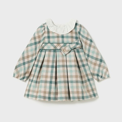 Vestido infantil de manga comprida xadrez bege, verde e branco com gola branca e laço na cintura