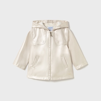 Casaco impermeável infantil creme com capuz e fecho de correr