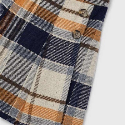 Parte inferior de saia xadrez azul, laranja, bege e castanho com botões