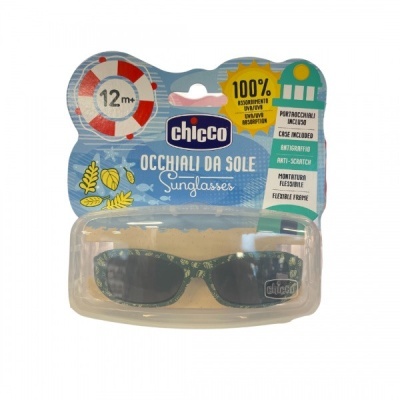 Óculos de sol infantis Chicco com armação floral verde e branca em embalagem de plástico