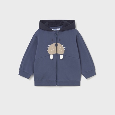 Casaco com capuz azul escuro para criança com estampa de animal