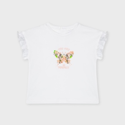T-shirt branca infantil com bordado de borboleta floral e mangas de folho