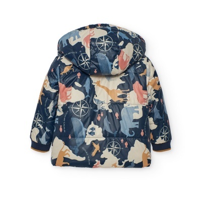 casaco acolchoado para criança com padrão colorido e capuz
