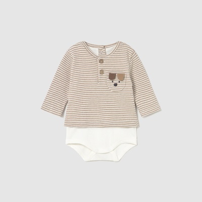 Body bebé com riscas castanhas e creme, bolso com carinha de cão, parte inferior branca