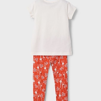 Conjunto infantil com t-shirt branca e calças laranja com padrão de flores.
