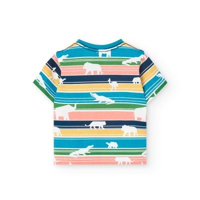 Camiseta de manga curta colorida com padrão de animais e riscas horizontais