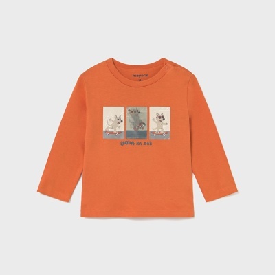 Camisola infantil laranja com estampado frontal de animais em skate