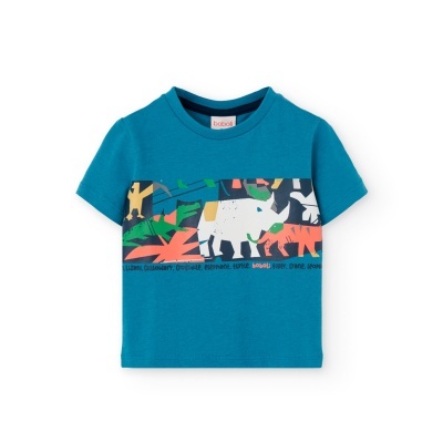 Camiseta azul de criança com estampa de animais coloridos
