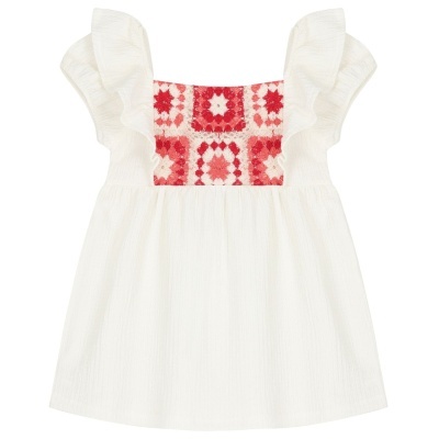 Vestido branco com babados e painel frontal vermelho e rosa