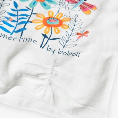 tecido branco com estampa de flores coloridas e texto summertime by boboli