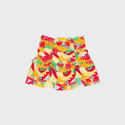 Saia curta colorida com padrão de frutos e cintura elástica