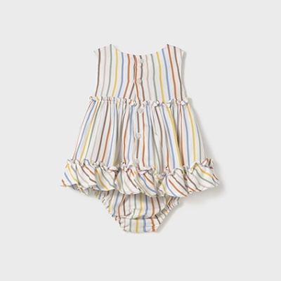 Body vestido de bebé com padrão de riscas verticais coloridas e folhos