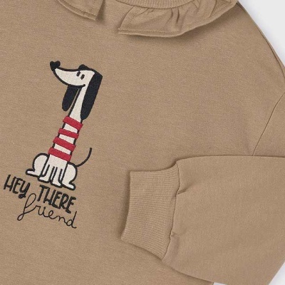 Camisola de criança bege com estampa de cão cartoon e texto