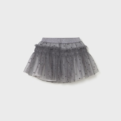 Saia infantil cinza em tule com estrelas e cintura elástica brilhante
