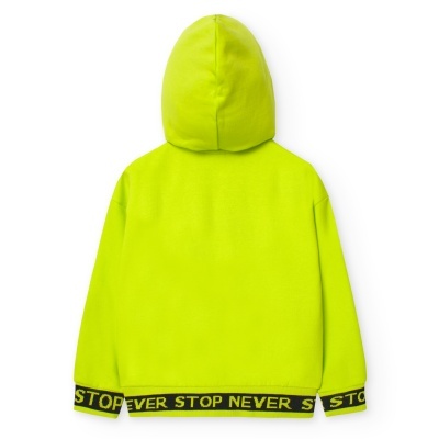 Sweatshirt verde fluorescente com capuz e texto na barra e punhos