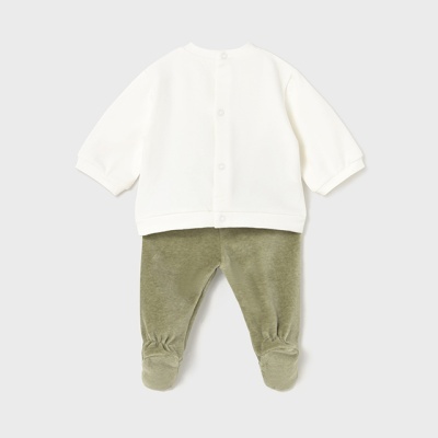 Conjunto para bebé camisola branca e calças verde-oliva com pés