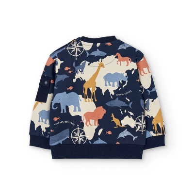 Sweatshirt infantil azul com estampado colorido de animais e bússolas