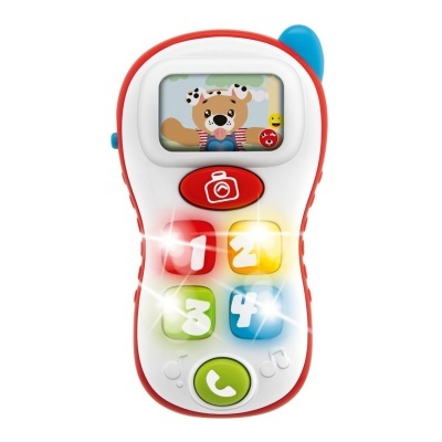 Brinquedo telefone infantil branco e vermelho com ecrã e botões coloridos