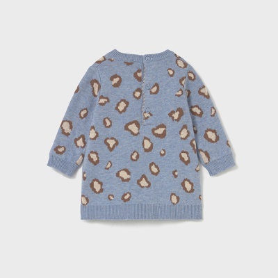 Vestido azul com padrão de manchas castanhas e bege e botões na frente