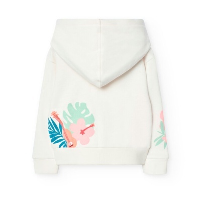 Casaco com capuz branco e estampado colorido de folhas e flores