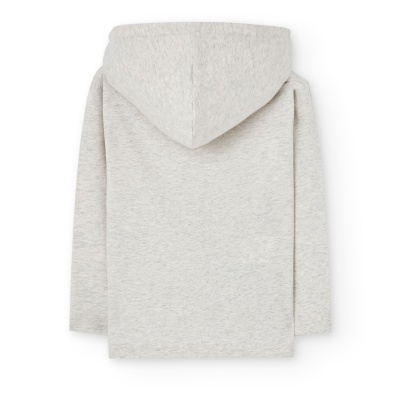 Casaco cinza claro com capuz para criança, visto de costas.