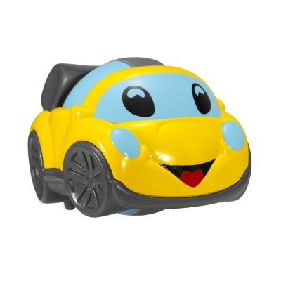 Carro de brinquedo amarelo feliz com olhos grandes e rodas cinzentas