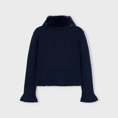 Camisola azul escura de malha com gola em pelo sintético