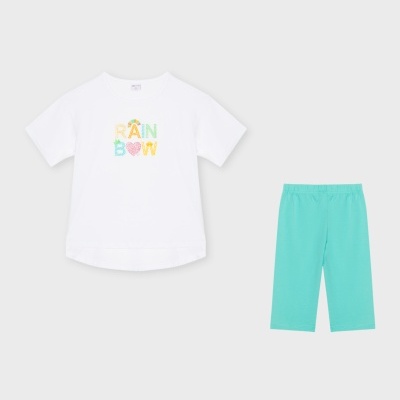 Conjunto pijama infantil t-shirt branca com estampa colorida e calças azul-turquesa