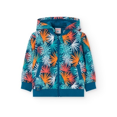 Casaco infantil com capuz e padrão de folhas coloridas