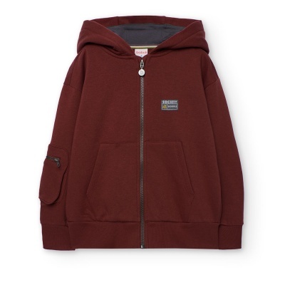 Casaco com capuz borgonha com fecho e bolsos