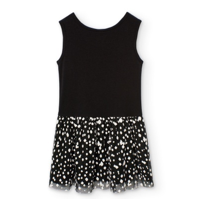 Vestido infantil preto sem mangas com saia preta de bolinhas brancas
