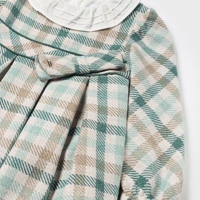 Vestido infantil xadrez verde, bege e branco com gola branca e laço
