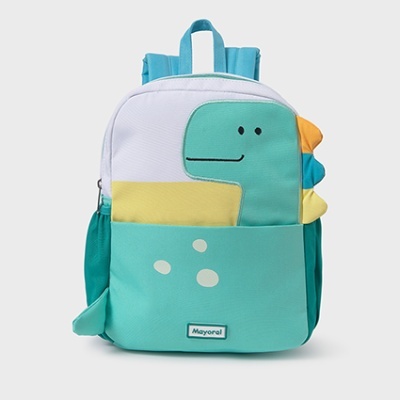 Mochila infantil com padrão de dinossauro em verde, branco, amarelo e azul