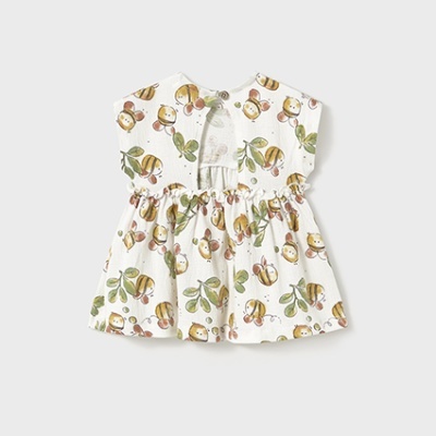 Vestido de bebé branco com estampado de abelhas e folhas, com fecho nas costas