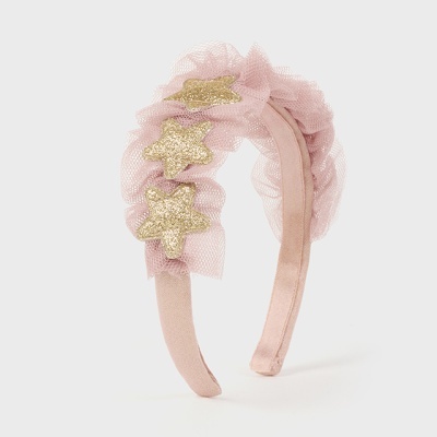 Aro de cabelo rosa com estrelas douradas e detalhes em tule