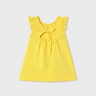 Vestido infantil amarelo com mangas frisadas e laço frontal