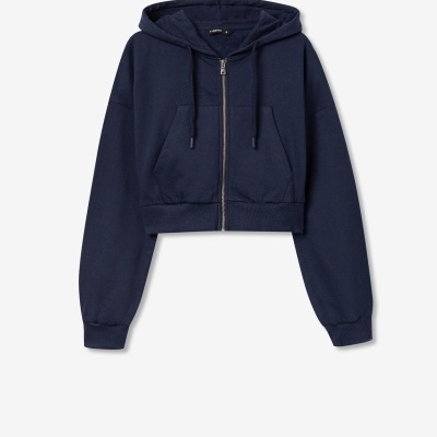 Casaco com capuz azul escuro com fecho de correr e bolso canguru