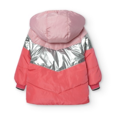 Casaco infantil acolchoado rosa, prata e coral com capuz e punhos elásticos