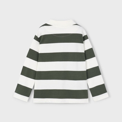 Camisola de manga comprida às riscas verdes e brancas com gola polo